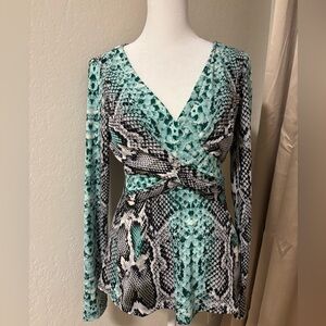 BOSTON PROPER Animal Print Long Sleeve Faux Wrap Top, size S